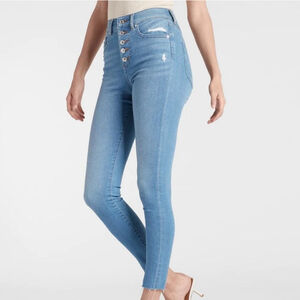 Express Skinny High Rise Exposed Button Fly Medium Wash Frayed Distress 00 Jeans